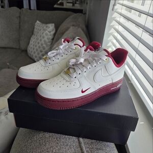 New White and Burgundy Nike Air Force 1 Sneakers